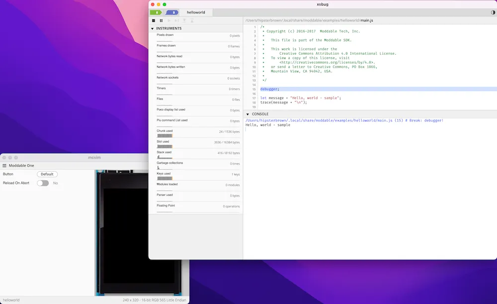 Moddable simulator app and debugger app running on MacOS